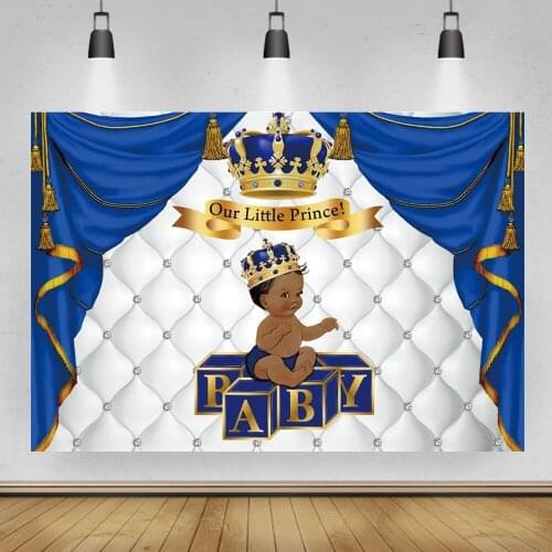 Our Little Prince Baby Birthday Background Photo Studio Royal Blue Curtain Crown Headboard Newborn Cake Table Backdrop Decor