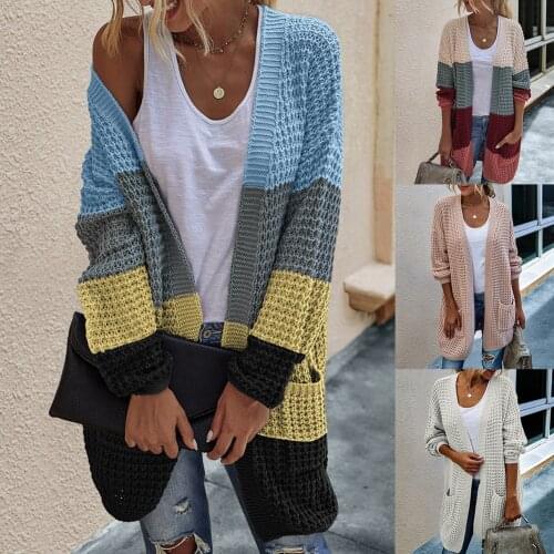 Women Open Front Knit Cardigan long Sleeve Solid Color Block Striped Sweater with Pockets Long Outerwear Femal office streetwear