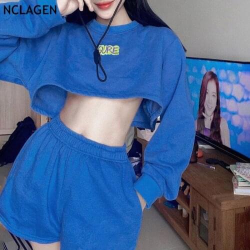 NCLAGEN Women Shorts Set Letter Embroidery Crop Sweatshirts Pullovers Activewear Sudadera Shorts Bottoms Fashion Two Pieces Set