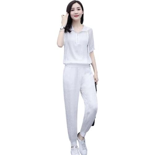 Summer Women Turn Down Collar Sports Casual Trouser Suit New Fashion Solid Color Two Sets