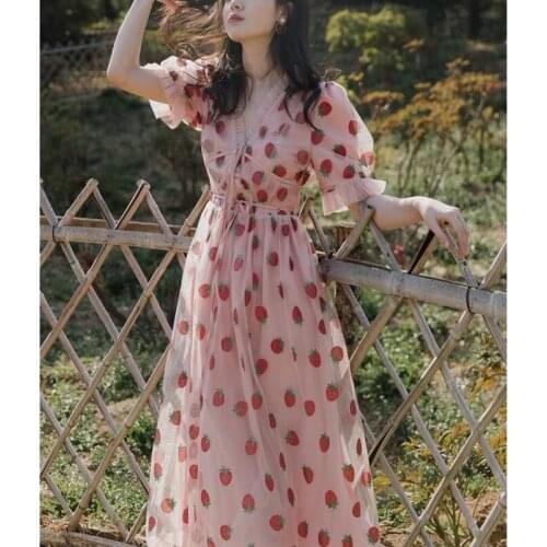 Summer Short-Sleeved Mesh Stitching Strawberry Dress With Waistband Pink Fairy Clothes Girl First Love Vintage Long Dress S530