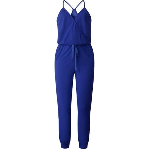 Summer Sexy Backless Jumpsuits Women Strap Party Clubwear Jumpsuits Lace-Up Slim Overalls Jumpsuit With Pocket Red Blue Black