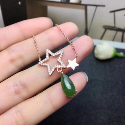Fashion elegant Stars Water drop natural green jasper necklace natural jade pendant necklace 925 silver woman girl gift jewelery