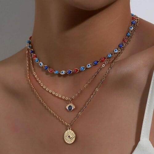 Fashion Turkish Evil Eye Necklaces For Women Multilayer Bohemian Turkish Evil Eyes Beads Choker Crystal Butterfly Jewelry Gift