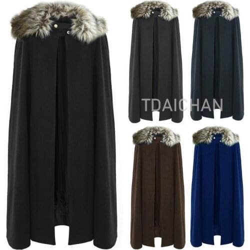 Mens Medieval Costume Cloak Winter Fur Collar Larp Viking Cosplay Cape Coat High Quality Gothic Women Cape Halloween Costume