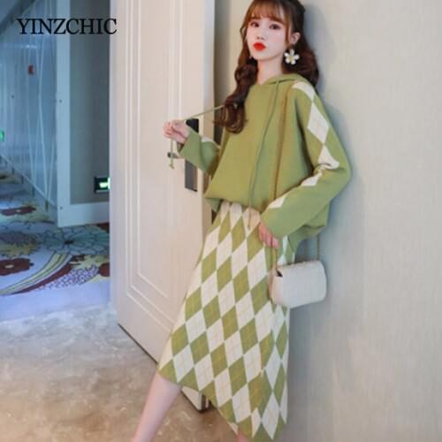 New Woman Winter Knitted Suits Hoody Sweater A-line Skirt Set for Woman Female Casual Two-pieces Sets