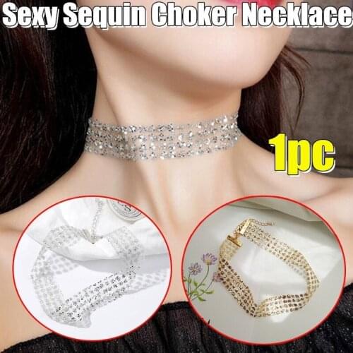 Sequin Choker Necklace Chunky Statement Bib Pendant Chain Necklace Jewelry