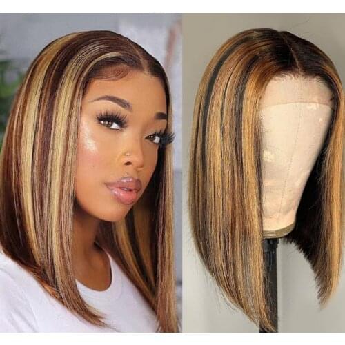 Straight Bob Lace Closure Wig Highlight Brazilian Straight Ombre Human Hair Lace Bob 4x1 T Part Human Hair Wig for Black Women