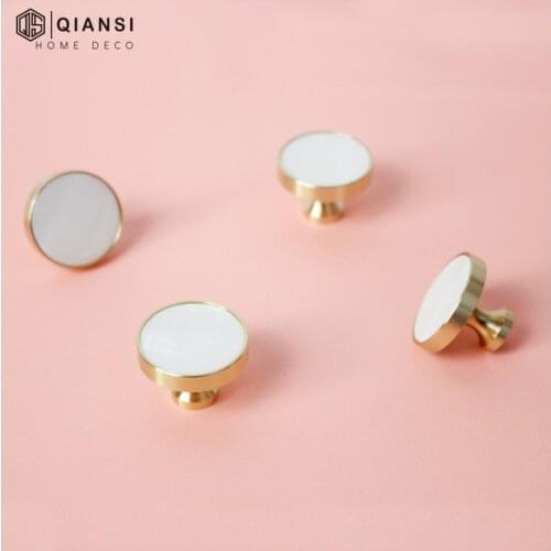 Qiansi Natural White Shell Solid Brass Handles Gold Knobs and Handles for Furniture Kitchen Handle Drawer Handle Cabinet Pull