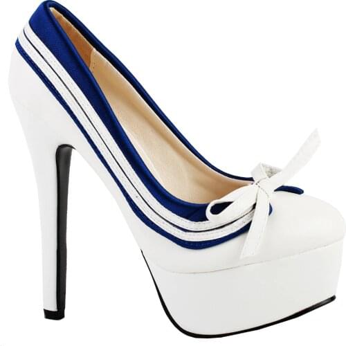 LF80851 Retro White Blue Bow Navy Style Platform Stiletto Heel Pumps Size 4/5/6/7/8/9/10