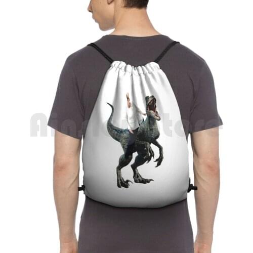 Riding A Velociraptor Backpack Drawstring Bag Riding Climbing Gym Bag Velociraptor Dinosaur Funny Photoshop Germany Laptop