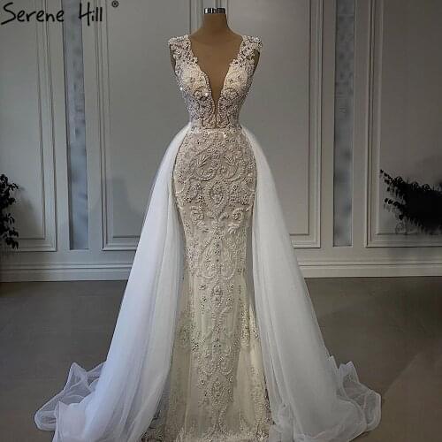Serene Hill Luxury Ivory Mermaid Evening Dresses Gowns 2021 Beading Elegant With Train Formal Dress LA71109