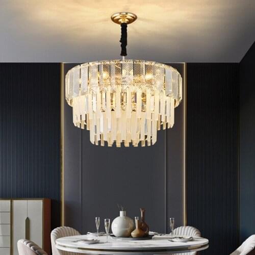 Modern Luxury Crystal E14 Penant Lamp Lustre Gold Metal Round Foyer Led Pendant Lamp Chain Hanging Lamp Fixtures Art Deco Lamp