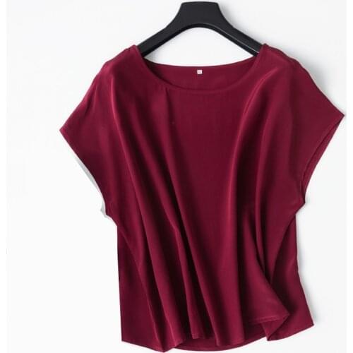 Women Summer 100% Silk Blouse O neck Short sleeve casual natural silk blouses Wine Red real silk basic summer shirt tops