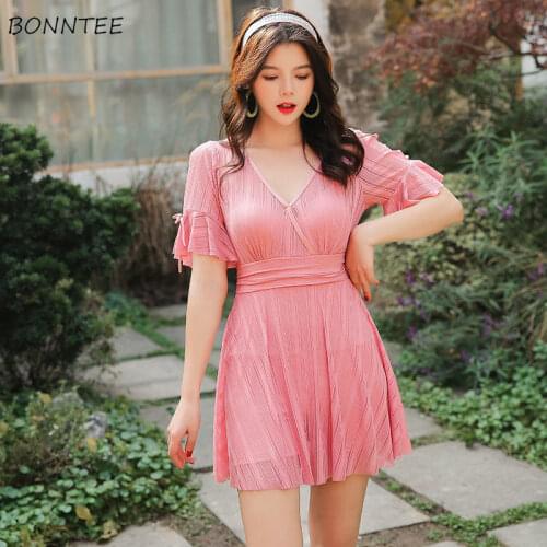 Cover-ups Womens Summer Pure Half Sleeve Ruffles Waist Down V-Neck Underwire Flat Angle Lining Backless Girl Swimwear 2020 New