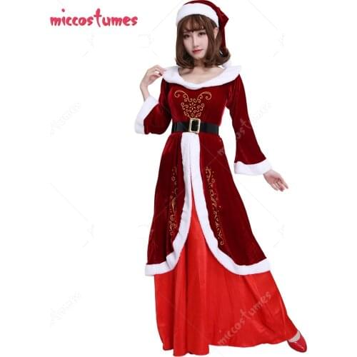 Women Adult Mrs Santa Claus Bar Red Polyester Couple Outfit Cosplay Costume for Christmas with Belt and Christmas Hat