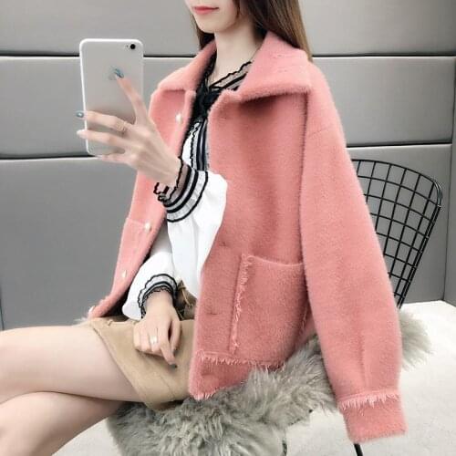 Women 2021 Autumn Winter Faux Mink Fur Casual Loose Knit Sweaters Female Square Collar Thick Single Breasted Cardigan Coat A196