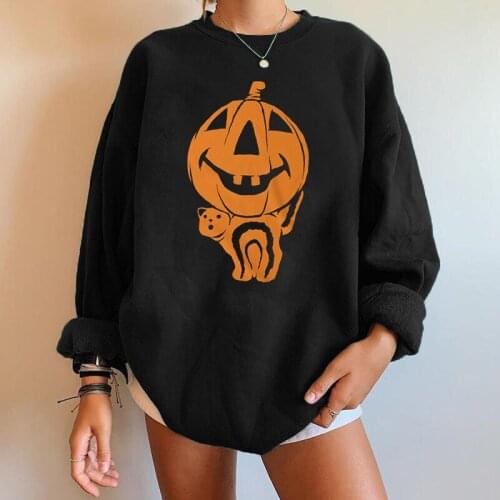 Women Christmas Halloween Round Neck Long Sleeve Casual Loose Falling Shoulder Pumpkin Love Cat Print Plus Velvet Sweater Hoodie