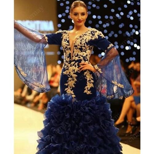 Vestido Royal Blue Muslim Evening Dresses 2021 Deep V Neck Mermaid Elegant Prom Dress Long Evening Gowns вечернее платье