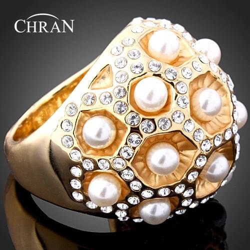Chran Vintage Boho Statement Jewelry Fashion Faux Pearl Crystal Ring Gold Love Engagement Wedding Rings For Women Accessories