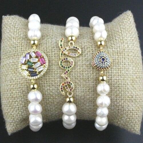 10pcs/lot New design colorful connector cz/pearl bracelet,love cubic zircon component,pearl beads chain bracelet cheap wholesale
