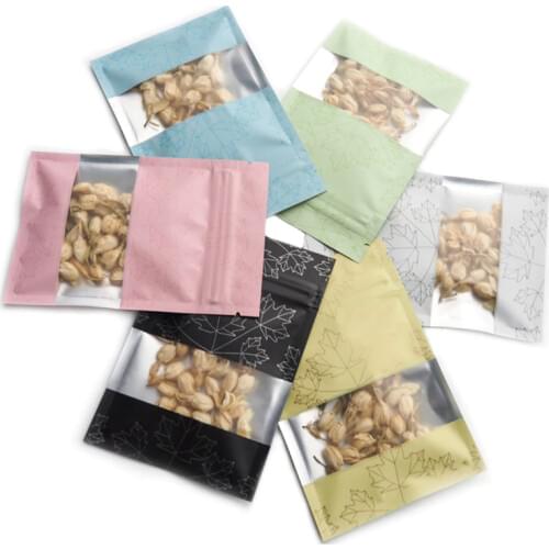 100pcs/lot Transparent window Maple leaf Aluminum Foil Ziplock Bag Flat Bottom Metallic Mylar Black Zip Bag Herbal