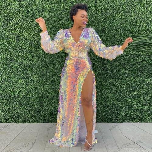 Sparkling Formal Dress Split Prom Gowns With Belt robe de soiree Gold Prom Gown Full Sleeve Custom Made abendkleider