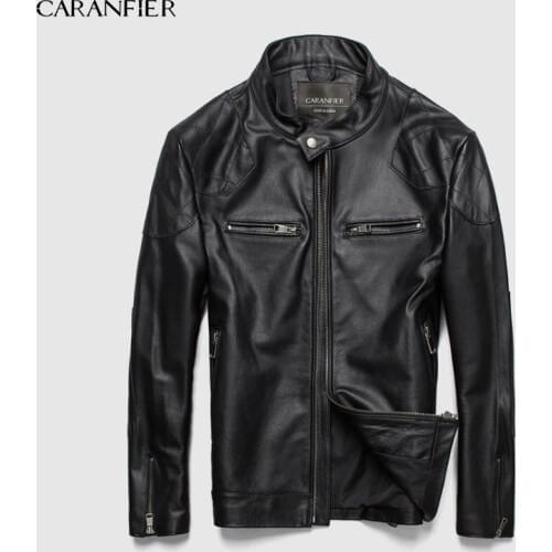CARANFIER Fashion Leather Motorcycle Coat Male Genuine Leather Sheepskin Clothing Short Design Real Leather Jackets Overcoats