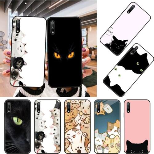 Phone Case For Huawei Honor 9X 9 9A 10 20 8X 8A 8S 7X 7A i 6A Pro Play Lite Black Cover Shell Luxury Back Soft Etui Cute Cat