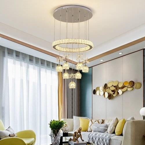FKL Modern Crystal Chandelier Petal Pendant Crystal Lampshade Three-Color LED Remote Control Dimming Living room Restaurant Lamp