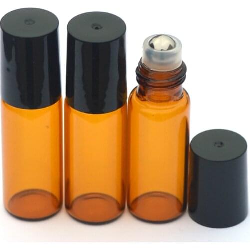 HOT Refillable Mini Amber 5ml Roll Bottle Essential Oil Perfume Sample Roller on Glass Bottle With Black Plastic Cap 20pcs