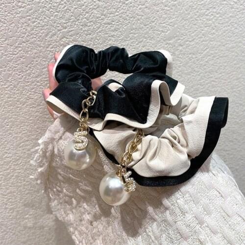 French Silk Black White Wide Hair Band Ropes Hair Ties Hanging Pearl Elegant Pendant Letters Hair Accessories Elastic Hair Bands