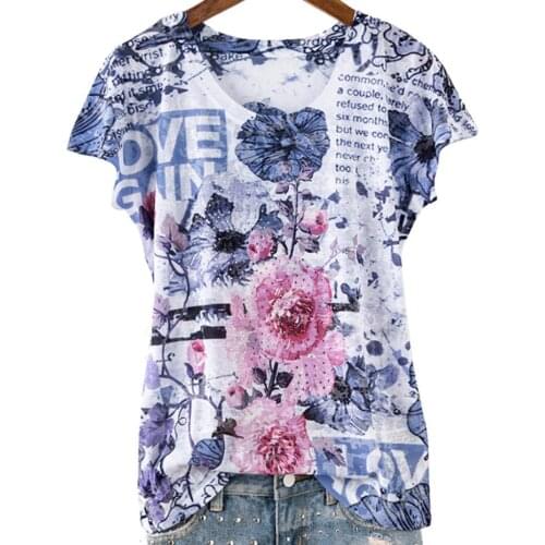 Hot drilling rose print t shirt women tops summer 2020 new arrivals Plus size 4XL short sleeve o-neck tee