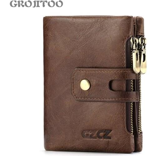 GROJITOO Double Zipper Genuine leather Wallet Anti-RFID Coin Purse Short Mens Large Capacity Wallet Credit Card Pocket For Men