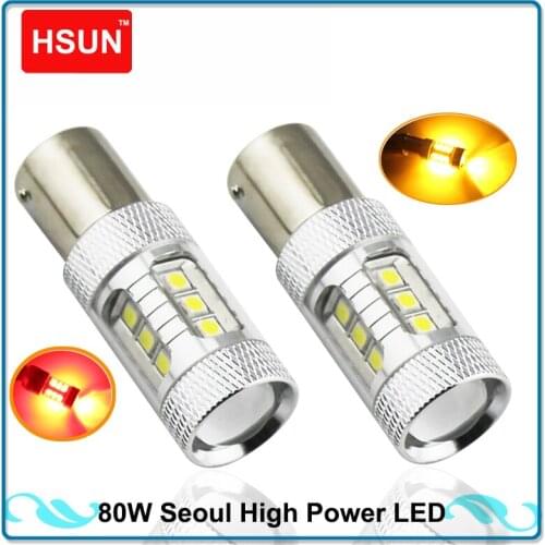 HSUN 2pcs High Power 1156 BA15S BAU15S BAY15D 80W P21W Seoul Chip LED Car Reverse Backup Lamp Sourcing Light White/Red/Yellow12V