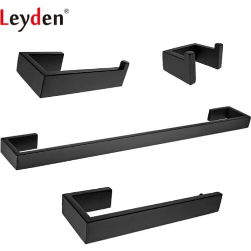 Leyden 304 Stainless Steel 4pcs Bathroom Accessories Set Black Single Towel Bar Toilet Paper Holder Towel Ring Robe Hook
