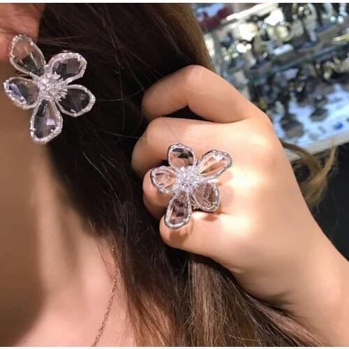 AccKing Trendy luxury AAA zircon round flower shape Earrings and Open Ring set for women jewelry gift party accessory