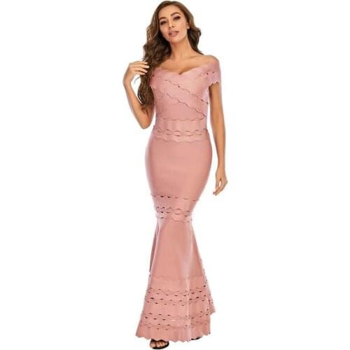 2021 latest floor-sweeping evening bandage dress big fish tail one-word shoulder fashion party dress