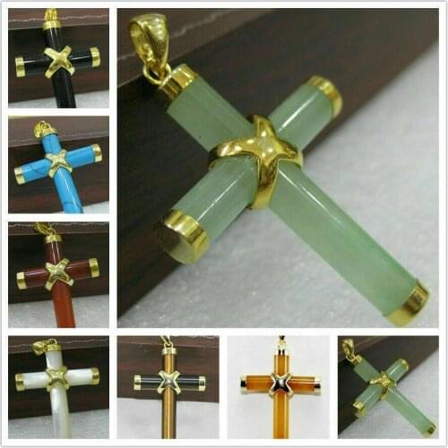 5Colors Natural Agate/Tigers Eye/Topaz/Jade Gemstone Cross Pendant Necklace