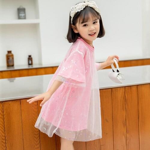 Dress girls summer fashion childrens clothing big kids round neck short sleeve shiny net gauze princess dress
