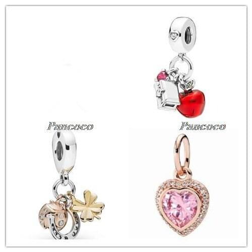 925 Sterling Silver Charm Red Enamel Snow Whites Apple And Heart Pendant Fit Pandora Bracelet & Necklace Diy Jewelry