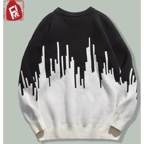 Hip Hop Gradient Printing Sweater Mens Harajuku Streetwear Color Contrast Loose Knitting Sweaters Autumn Japan Campus Pullovers