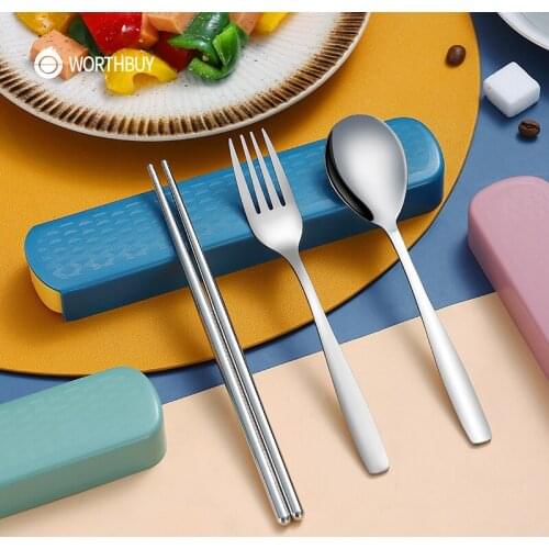 WORTHBUY Portable Travel Tableware Set Stainless Steel Dinnerware For Kid School Cutlery Kitchen Fork Spoon Dinner Set With Box