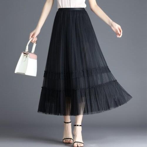 2021 New Mesh Midi Skirts Spring & Summer Female High Waist Mid-length A-line Long Pleated Skirt for Young Women BSQ474