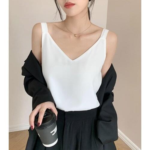 Blusas De Satin Mujer 2021 Sleeveless Off Shoulder Summer V-neck Satin Top White Korean Fashion Clothing Black Solid Female 0963