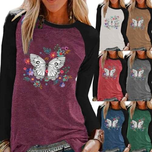 New Ladies Autumn Leisure Fashion Butterfly Printing Long-sleeved Shirt Round Neck Contrast Color Pullover T-shirt XS-5XL