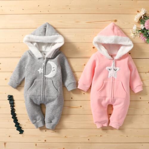 Winter Warm Baby Plus Star Pattern Hoodie Romper Bodysuit Newborn Girl Boys Clothes Casual Long Sleeve Outerwear