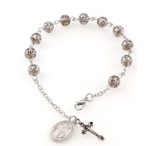 6mm Holle Rozenkrans Catholic Religious Rosary Jesus Charm Bracelets Hollow Bead Rose Bracelet With Charms Cross Catholic