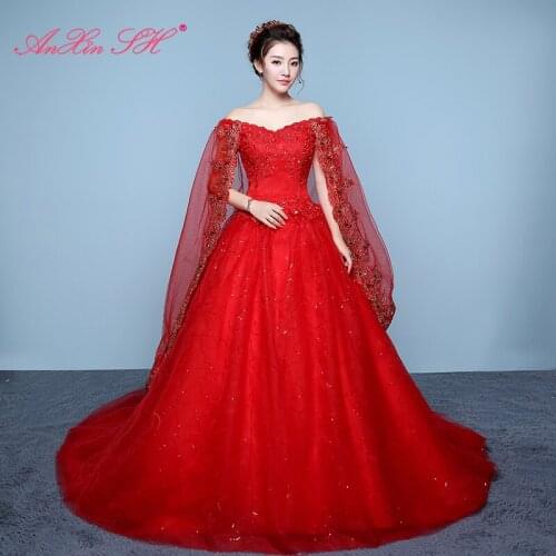 AXJFU flower lace red wedding Dress princess vintage boat neck illusion crystal flower lace with view bride white wedding dress