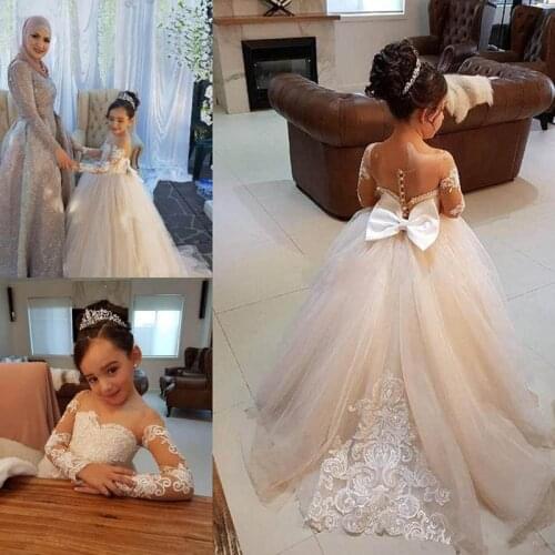 Cheap Flower Girl Dresses For Wedding Sheer Neck Tulle Floor Length Lace Party Gown Junior Bridesmaid Dress For Girls
